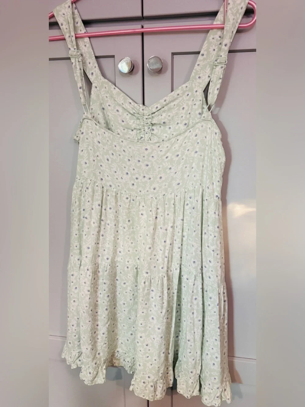 Cotton:On Floral Tiered Mini Dress Sage Green Floral Print Tie Front Size S